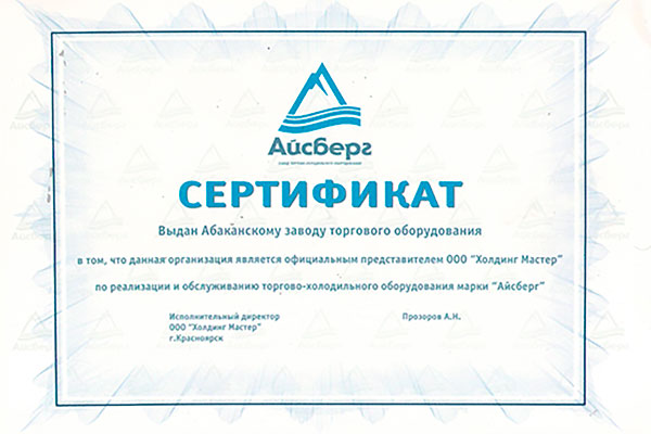 Сертификат от ООО «Холлинг мастер»